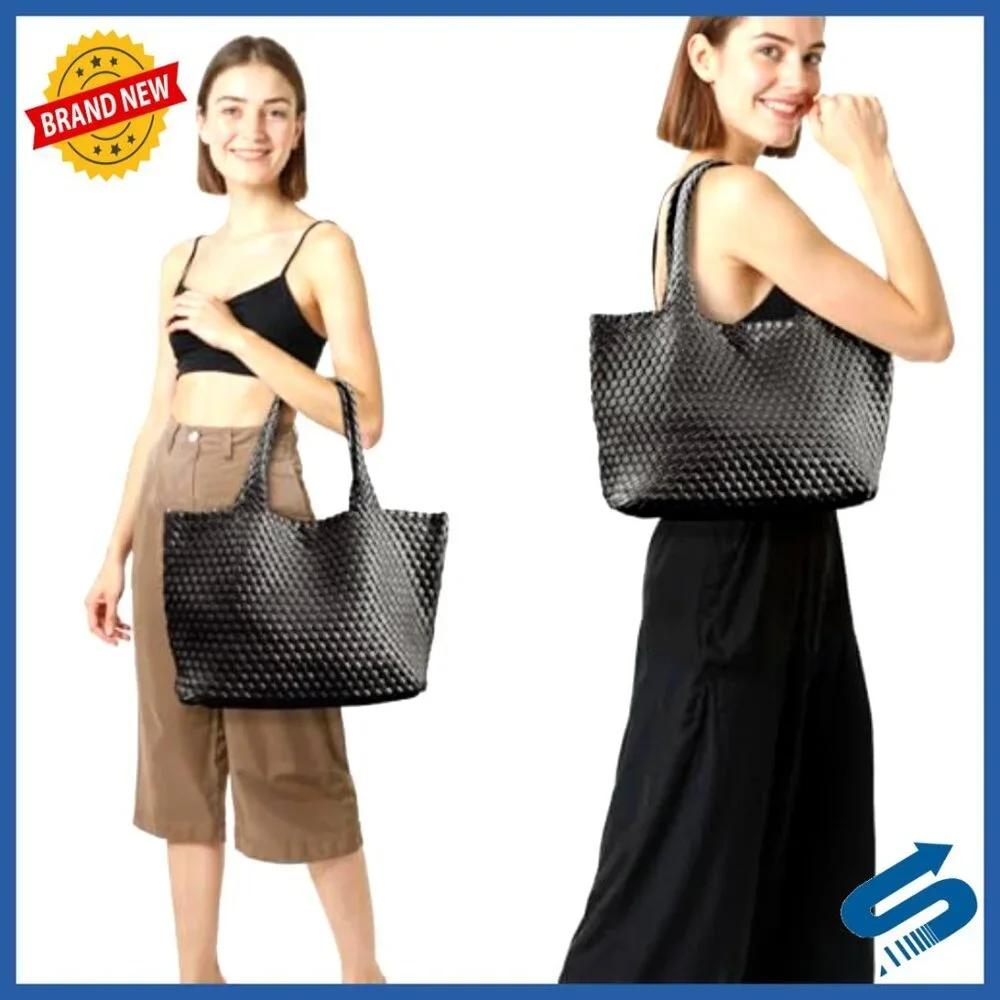 Large Woven Vegan Leather Tote Bag with Inner Zipper Pouch Elegant Boho